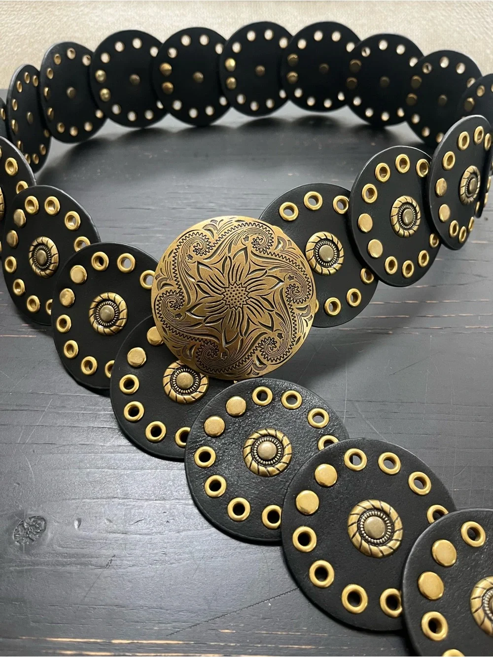 Wide Disc Belt in Black & Gold Decorative with Floral Concho  80s vibe